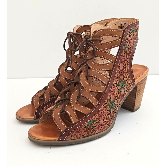 Spring Step L'Artiste Laure Lace Up Block Heel Sandal Laser Cut Floral 40 US 9 - Picture 1 of 10
